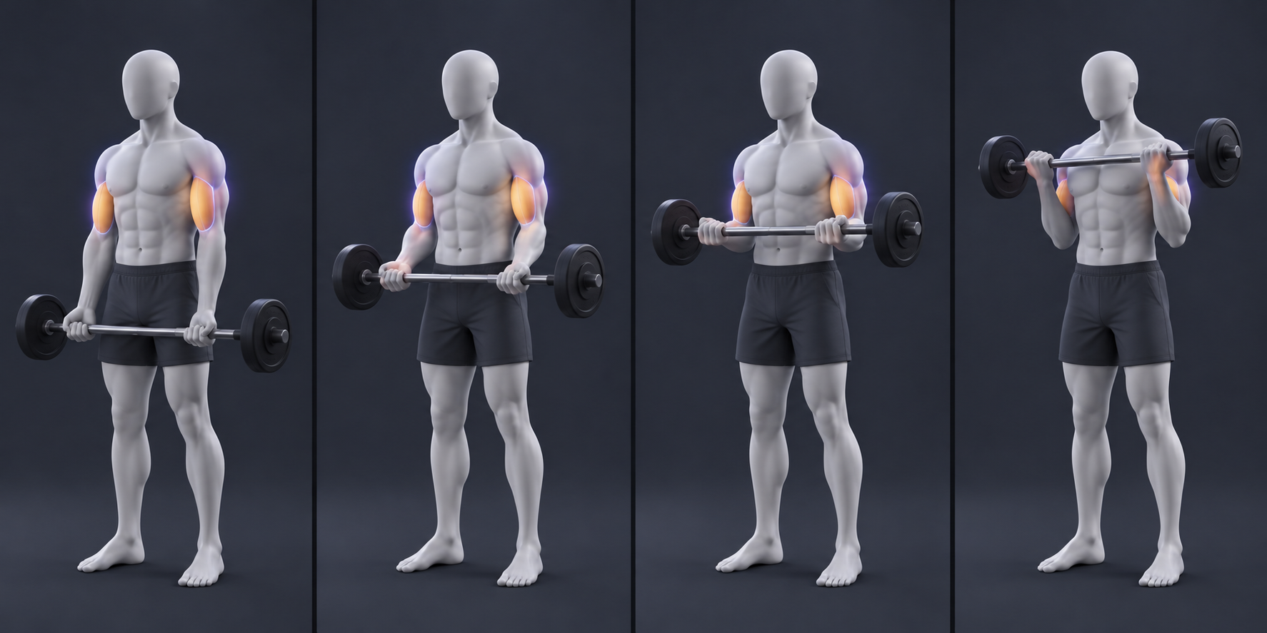Four stages of a barbell curl on a 3D human figure